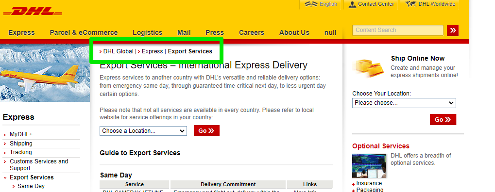 Breadcrumb example on DHL.com